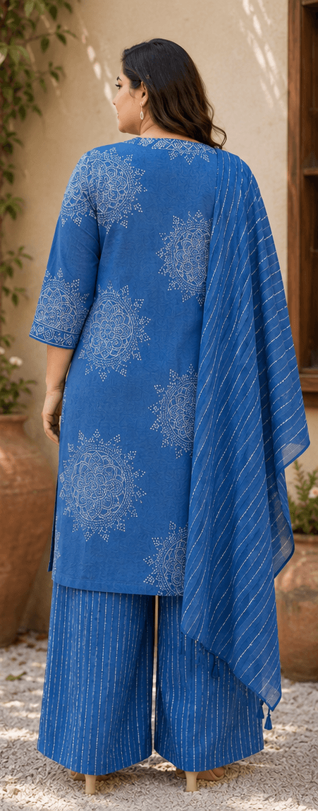 Azure Blue Cotton Printed Suit Set