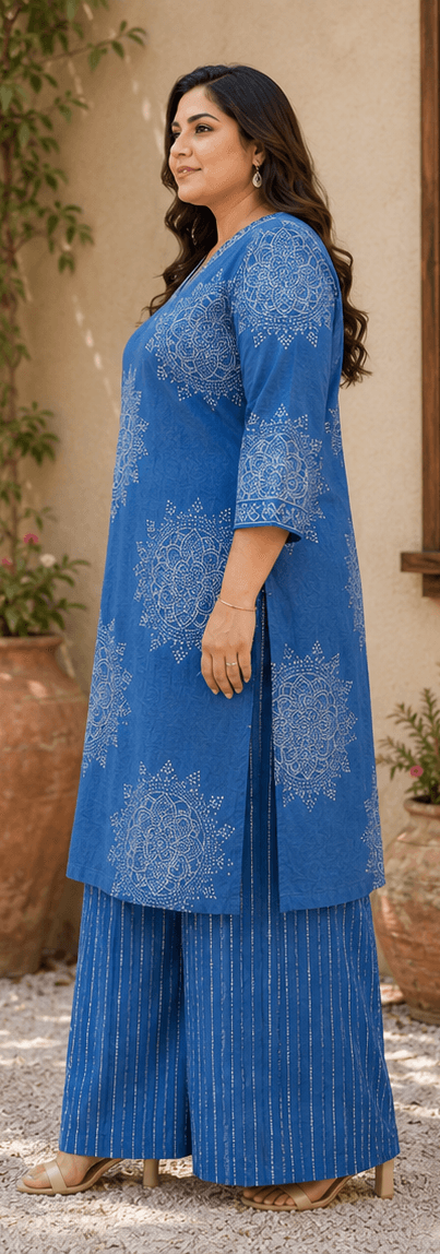 Azure Blue Cotton Printed Suit Set