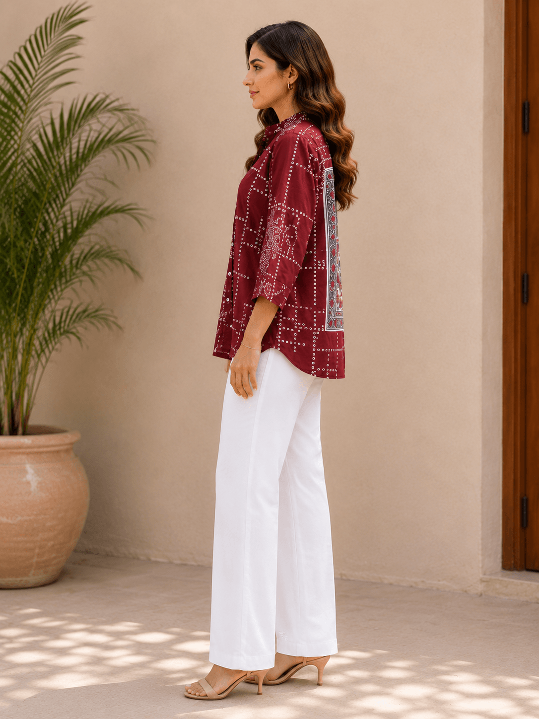 Maroon Crepe Printed Shirt
