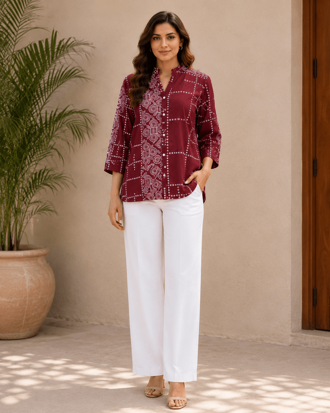 Maroon Crepe Printed Shirt