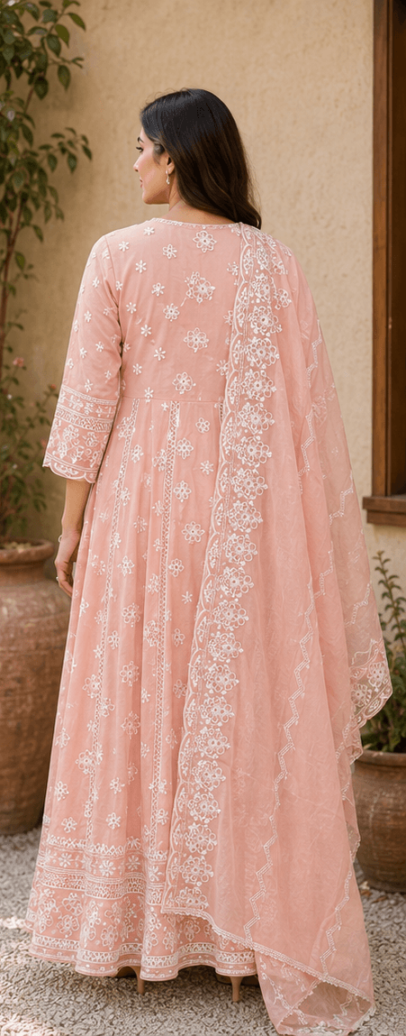Peach Chikankari Anarkali Suit Set