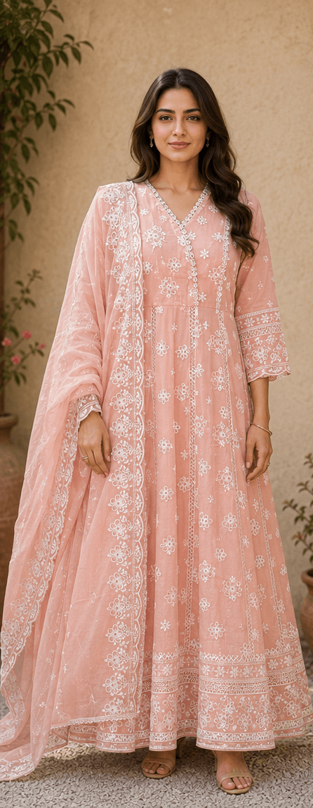 Peach Chikankari Anarkali Suit Set