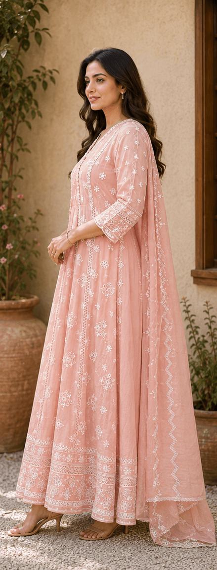 Peach Chikankari Anarkali Suit Set