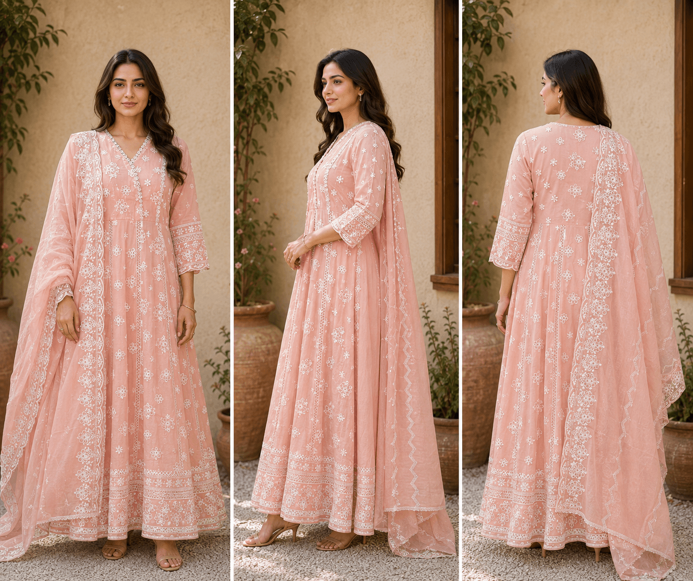 Peach Chikankari Anarkali Suit Set