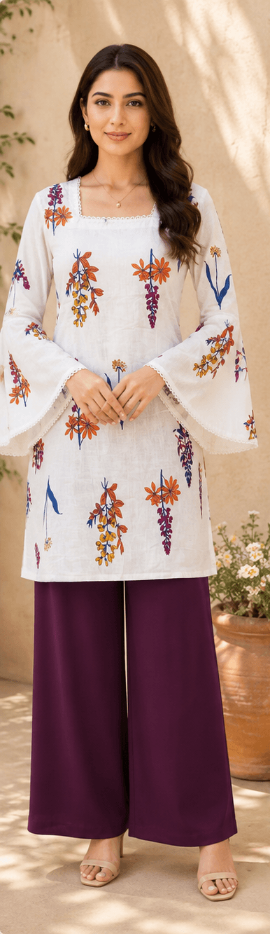 Cream Floral Cotton Kurta