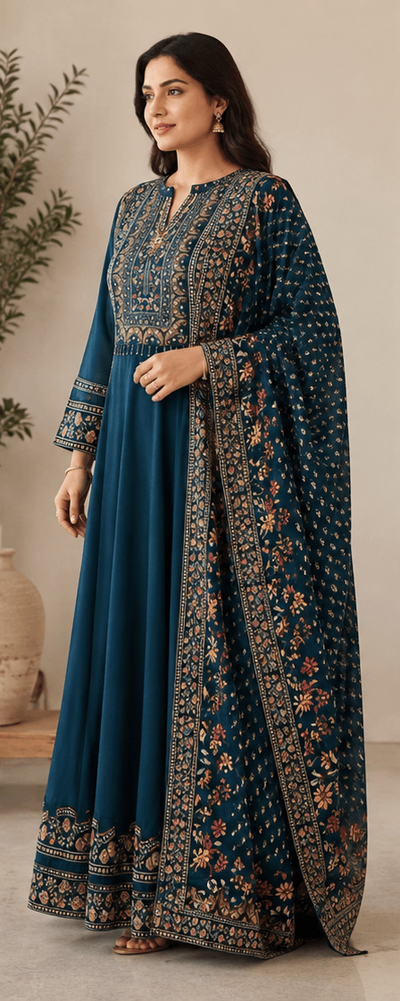 Teal Blue Printed Anarkali Suit Set