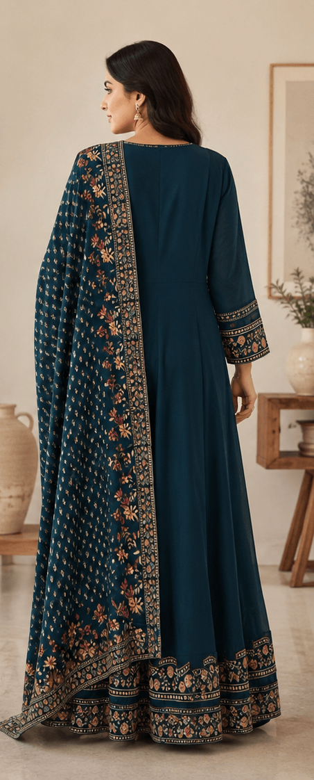 Teal Blue Printed Anarkali Suit Set