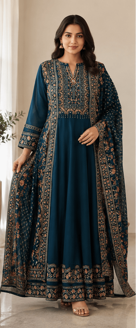 Teal Blue Printed Anarkali Suit Set