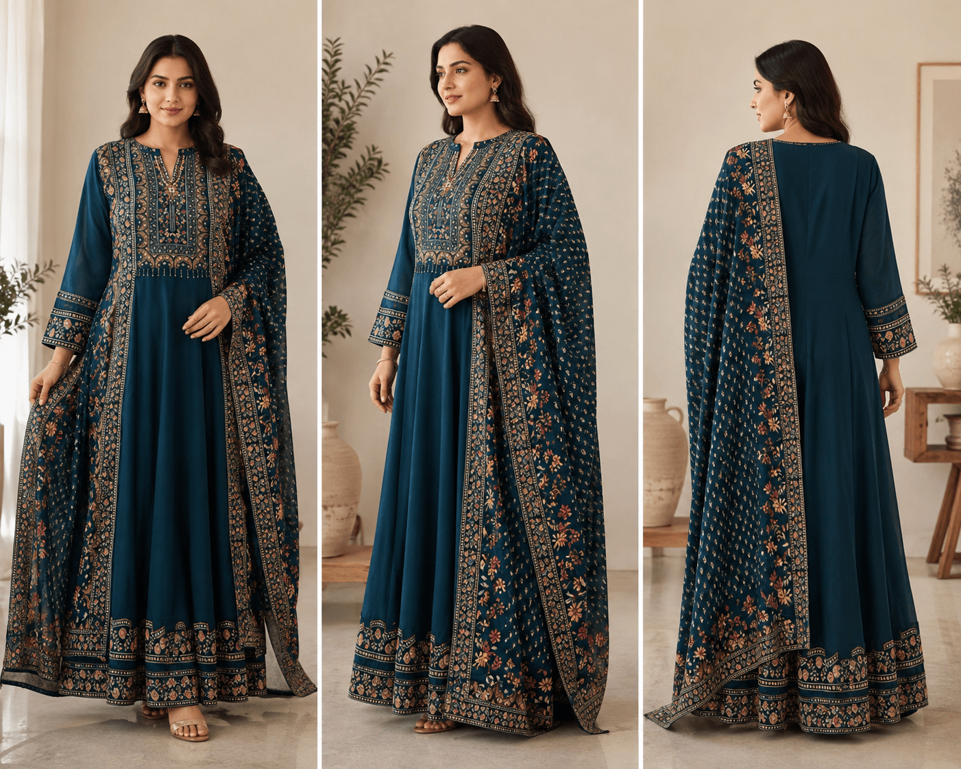 Teal Blue Printed Anarkali Suit Set