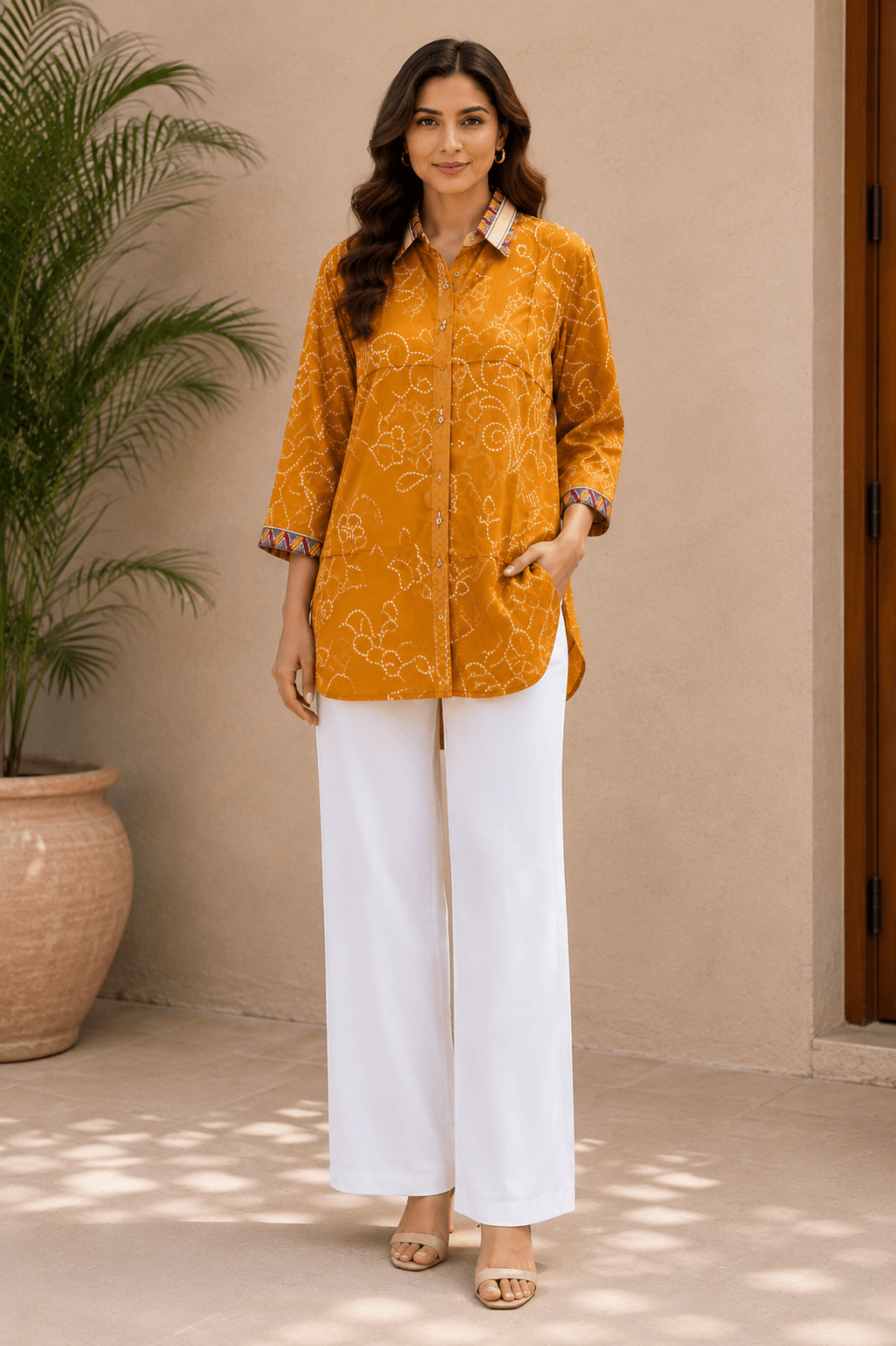 Mustard Yellow Printed Crepe Shirt